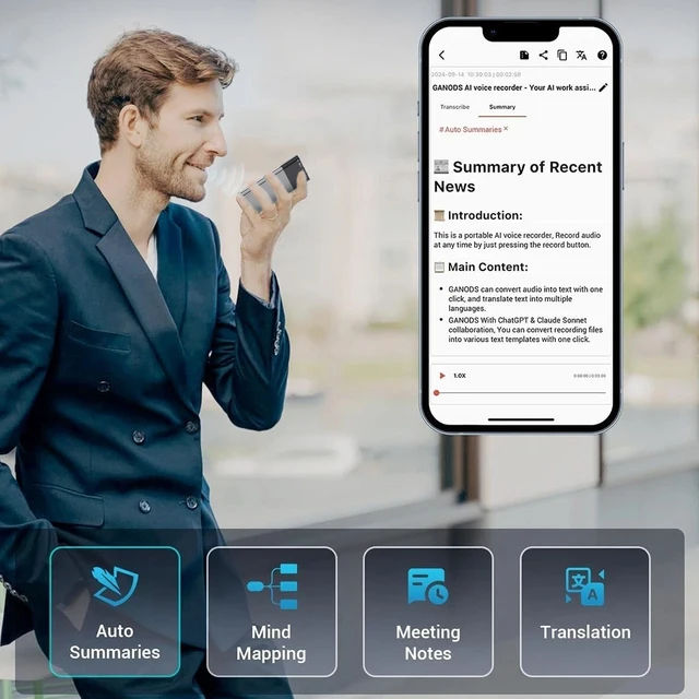 Voice Recorder AI - W/No Fee For Transcribe & AI Summarize By ChatGPT, APP & Web Control, 121 Languages, 64GB Memory Recording Device