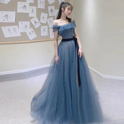 Greydish blue long sweat lady girl women princess bridesmaid banquet party prom dress gown