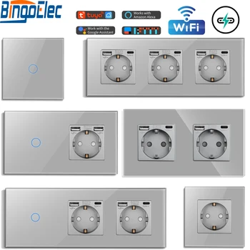 Bingoelec Tuya Smart Touch Switches Plus EU Wall USB Socket Type-c 2way Grey Stair Switch Smart Life Google Alexa App Control