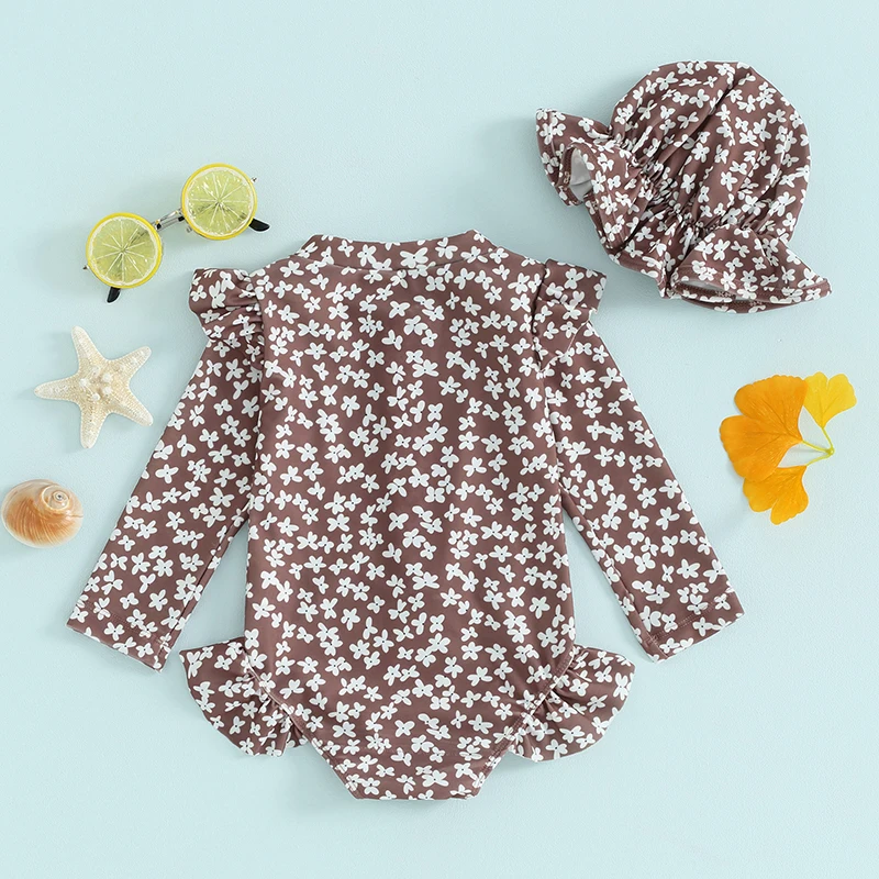 Little Baby Girls Swimsuit Rash Guard Long Sleeve Zipper Ruffle Bathing Suit Toddler Summer Clothes