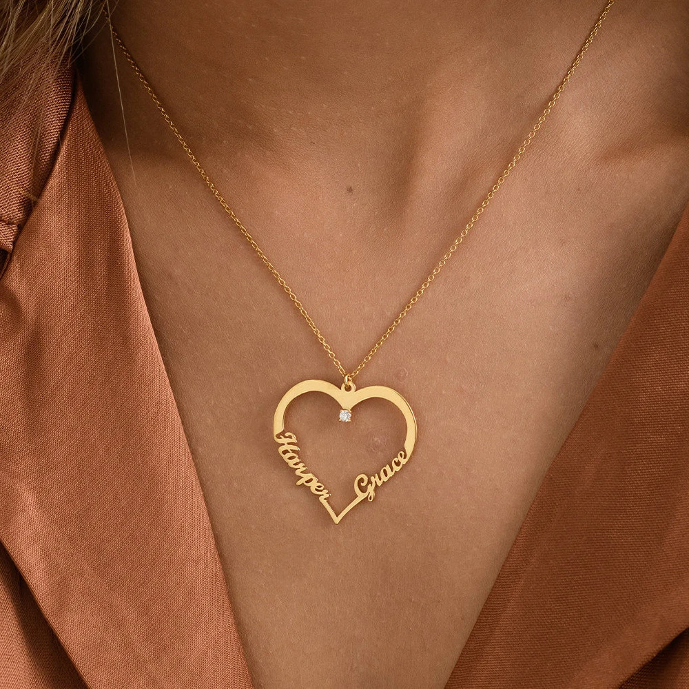 

Индивидуальное ожерелье с двумя именами в форме сердца с цирконом, ювелирные изделия на день матери, персонализированный подарок на день Святого Валентина, двойные имена, женское колье