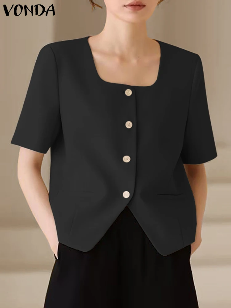 

VONDA Fashion Blazer 2023 Summer Elegant Elegant Women Square Neck Casual Suits Short Sleeve Solid Color Button Blazer Femininas