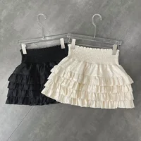 Mini jupes à volants pour femmes, Streetwear, doux, Kawaii, taille haute, dentelle, ligne A, mode coréenne, robe de bal noire, été 4