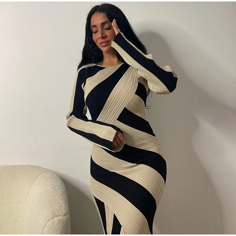 

Elegant Splicing Stripes Knitted Dress Women Fashion Slim O Neck Long Sleeve Dresses 2023 Chic Female Club Party Vestidos