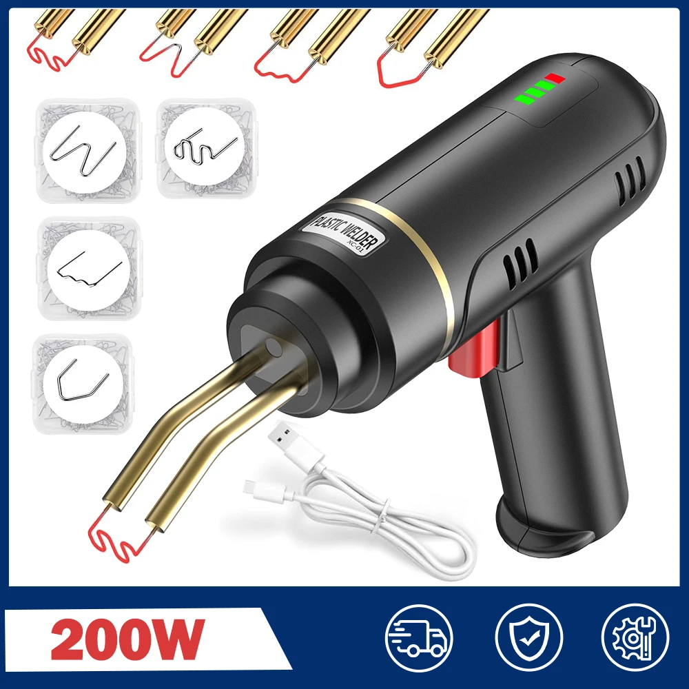 200W Cordless Hot Plastic Welding Kit USB Rechargeable Plastic Welder Gun Soldering Iron for Most Plastic Repair Bumper Repair 3pcs iron plastic welder soldering iron tips copper repair triangular smoothing head welding tips replacement tips for 80 watt