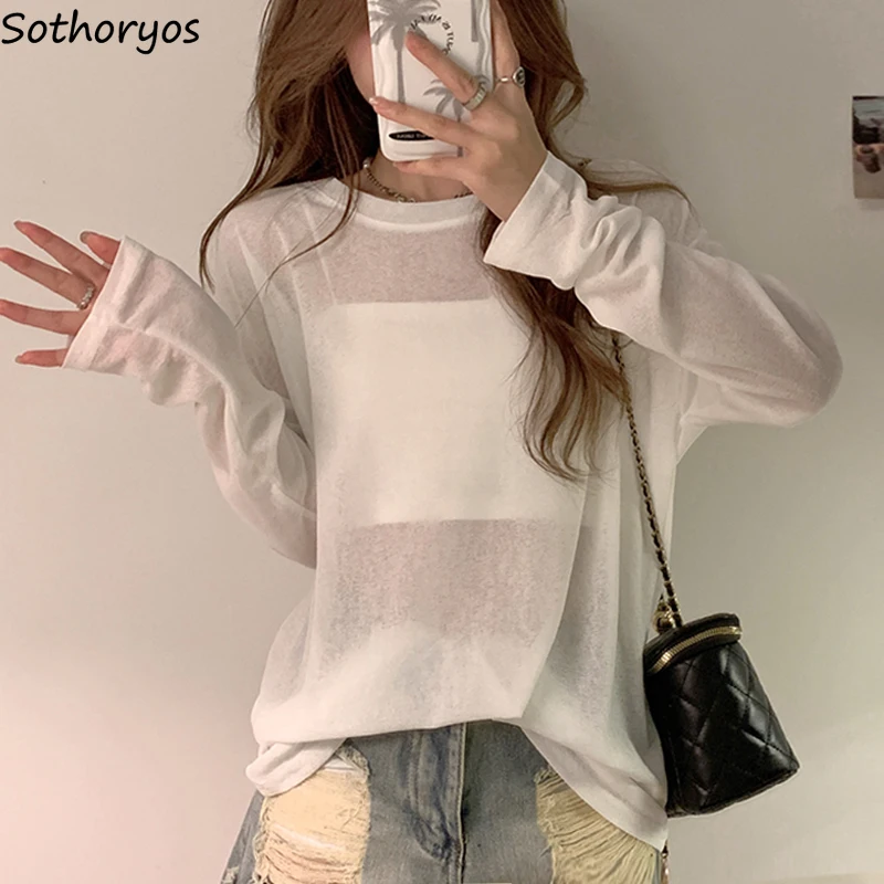 

Long Sleeve T-shirts Women Sun-proof Casual Sheer Holiday All-match Tops Korean Style Simple Baggy Aesthetic Clothes High Street