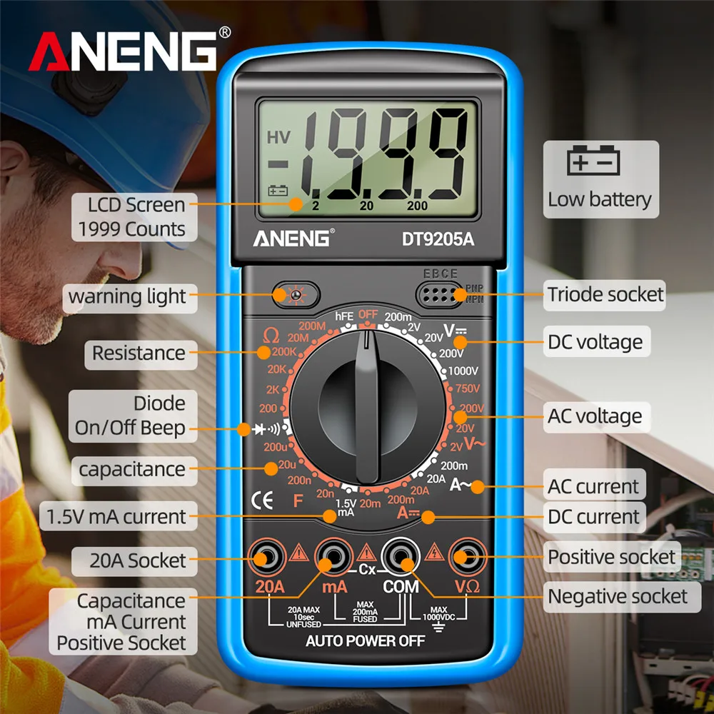 휴대용 멀티미터 테스터 ANENG DT9205A-12 고정밀 디지털 전문 전압 전류 측정기/가정용 DIY 도구