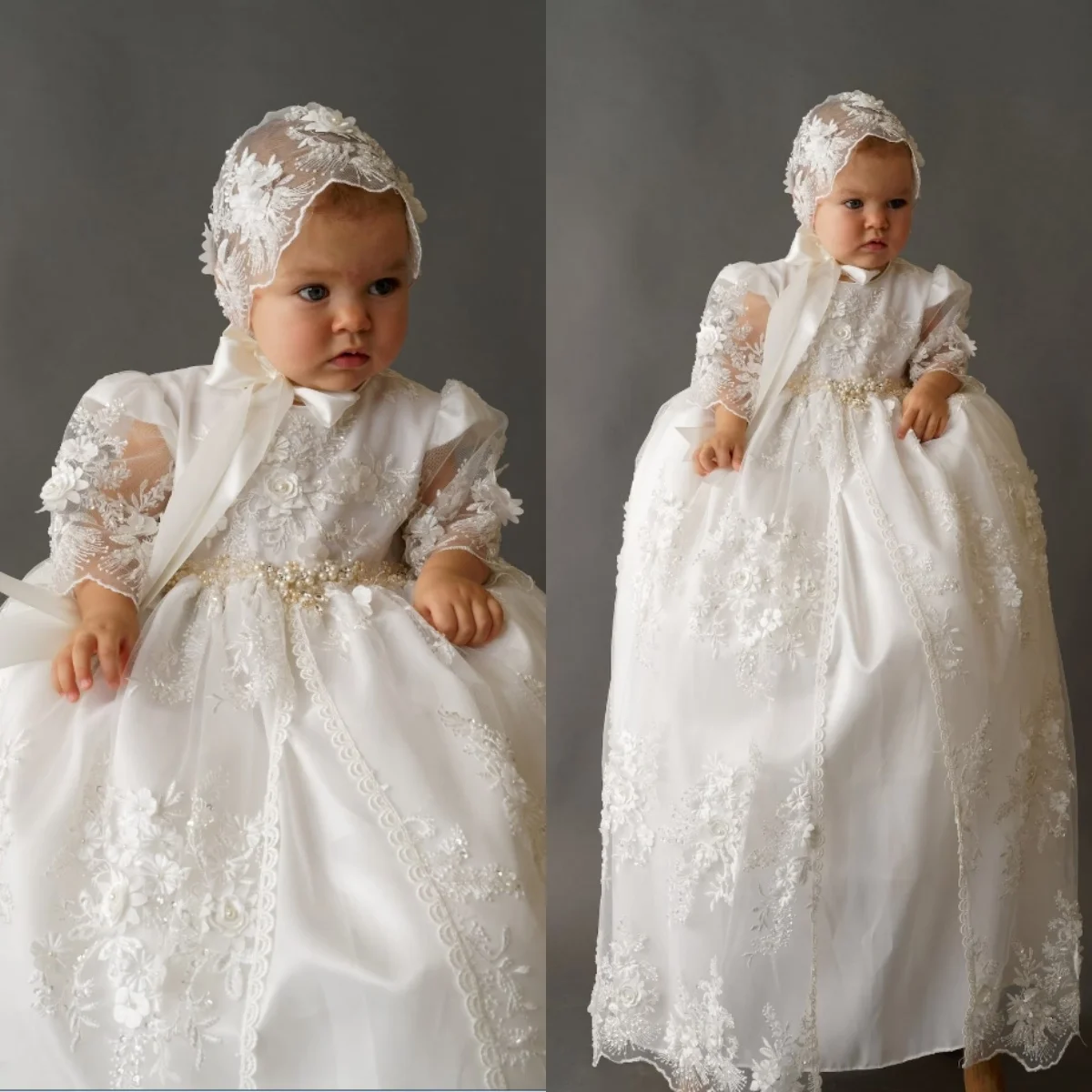 

Luxury Ivory Baby Christening Gowns Lace Beads Tiered Girls Baptism Floor Length Newborn Kids Birthday First Communion Dresses