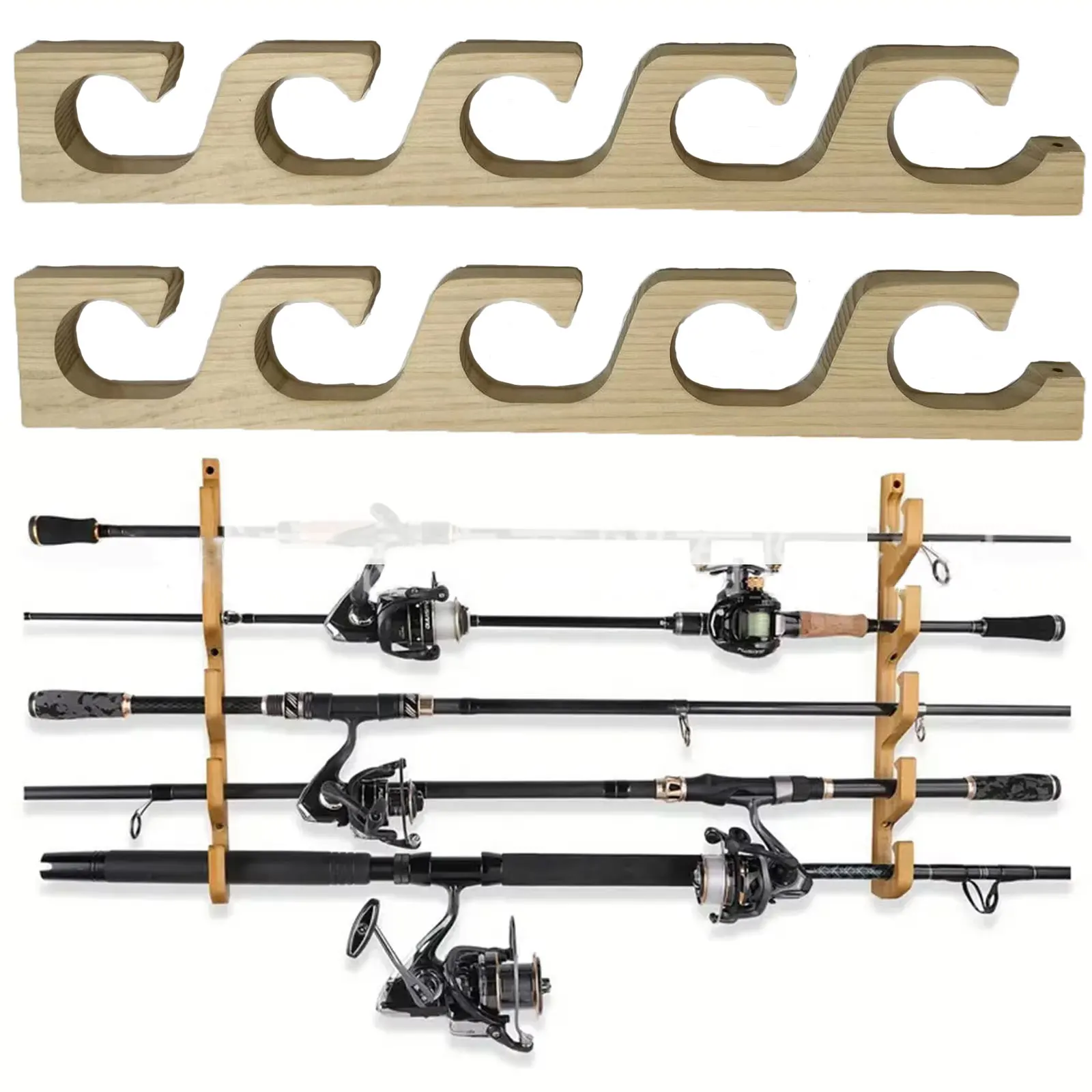 Wall Mount Fishing Rod Holder Compact Wooden Easy To Assemble Fishing Rod Display Stand Detachable Storage