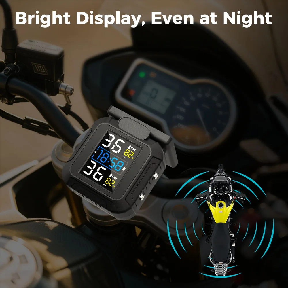 Solor USB Charge Motorrad TPMS Reifendruckkontrollsystem 2 externe Sensoren Reifentemperaturalarm LCD-Display – Detail 5