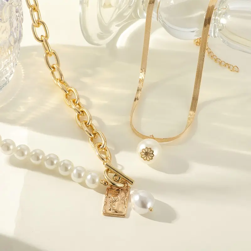 Sba51979b76624c479e865fce5e6c38c0T 2PCS Gold-color Necklace Hip Hop Style Baroque Faux Pearls Head Square Pendant Jewelry Mallzona