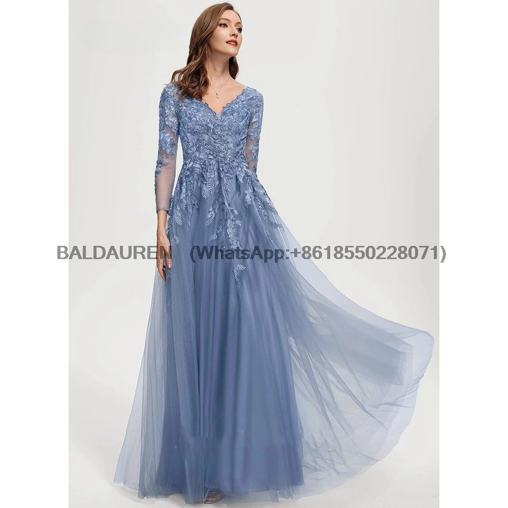 V Neck A Line Mother Dress For Wedding 3/4 Sleeves Lace Appliques Wedding Party Gowns Floor-Length Formal Dress Customized mother bride dresses