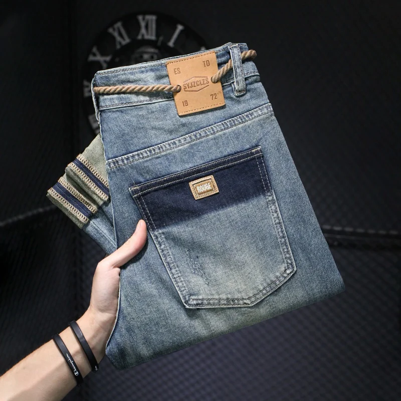 New Men'S Jeans With Fashionable And Versatile Splicing Casual And Trendy Elastic And Personalized Washed Printed Denim Pants