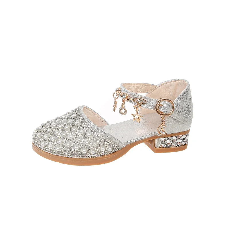 Girls Leather High Heel Wedding Party Shoes with Rhinestone