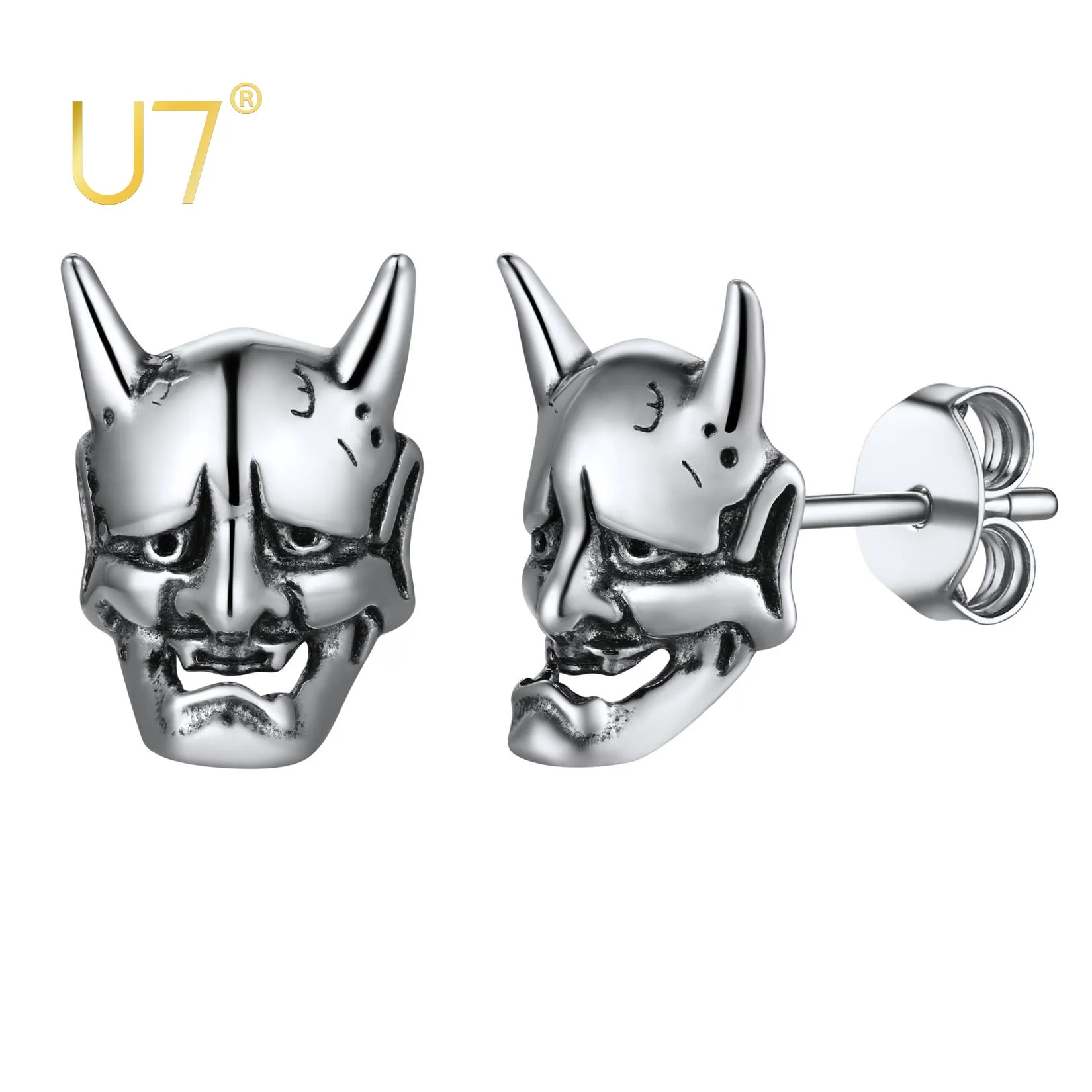 U7 Hannya Mask Earrings 925 Silver Silver Demon Horn Amulet Stud