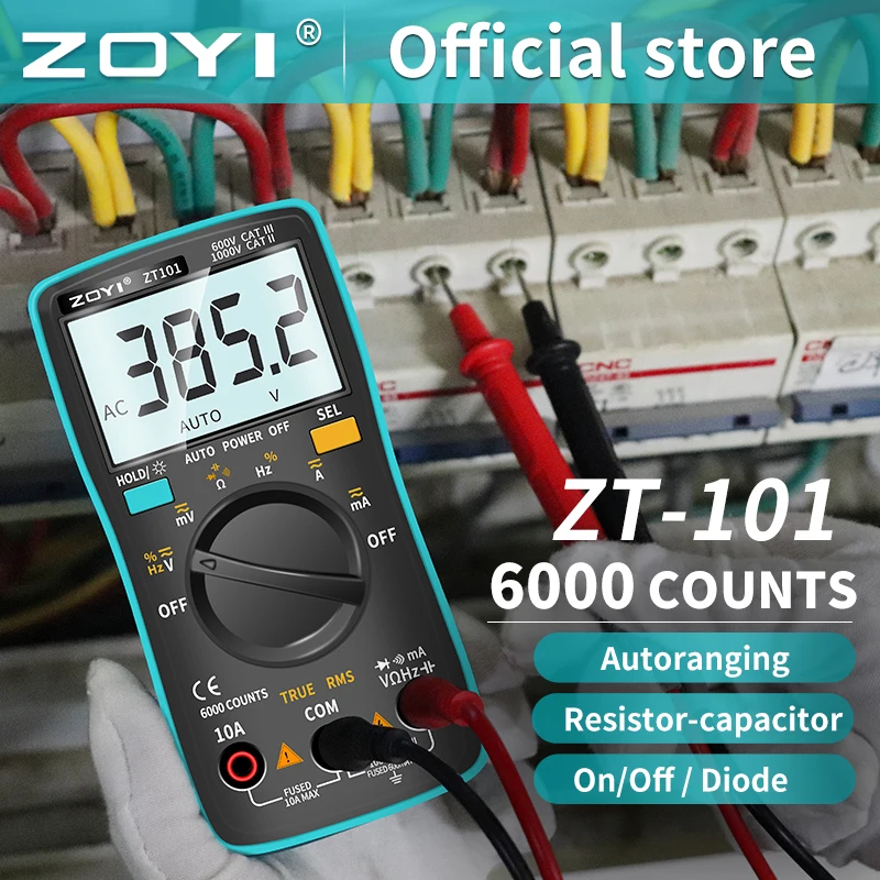 ZOYI Digital Multimeter ZT101, 6000 counts back light AC DC ammeter voltmeter ohm frequency diode temperature tester