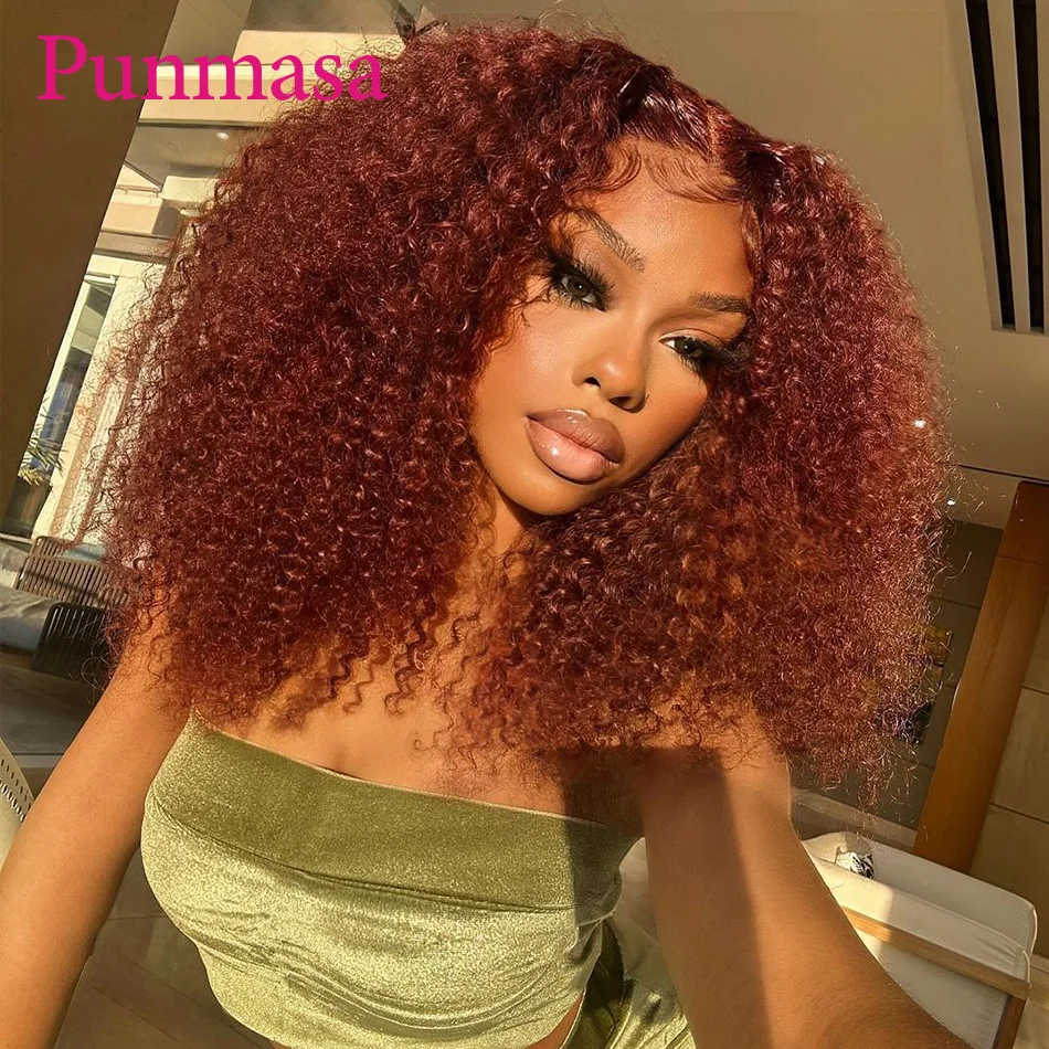 

Punmasa Brazilian 13x6 Lace Front Human Hair Wig Remy Kinky Curly Coppery Brown 13x4 Transparent Lace Front Wig Glueless 200%