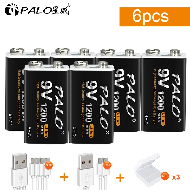 PALO 1200mAh micro USB 9 Volt  li-ion Rechargeable Battery 6F22 9V Li ion Lithium Battery for RC Helicopter Model Microphone Toy 6Pcs