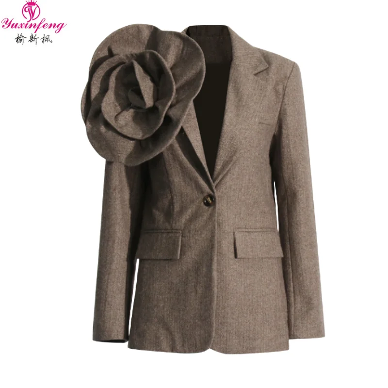 

YuXinFeng Fashion Commuter Women's Suit Jacket Long Sleeve Three Dimensional Flower Casual Blazers Runway Show Spring Coat 2024