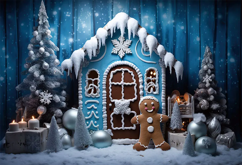 Mehofond-fundo de Fotografia para Crianças Natal Blue Gingerbread House Neve Natal Decoração do Retrato Familiar Pano de Fundo Inverno - Image 4
