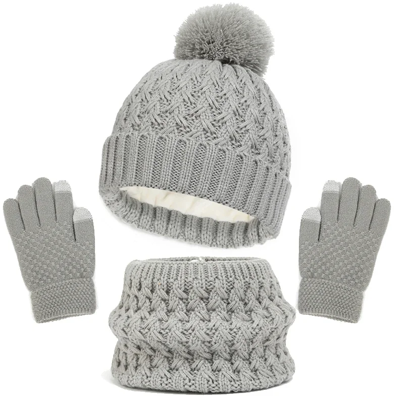 Childrens Hat Scarf Gloves Set Winter Boys Girls Plush Thick Knit Hat with Pompom Outdoor Cold-proof Cap Scarves Neck Kids Gift