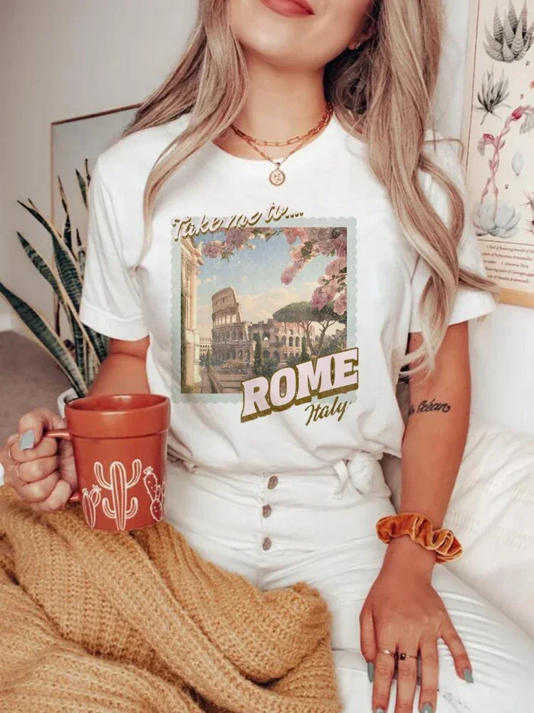 Rome Letter Printed 90s Round Neck Women's Pattern T-Shirt Clothing Printed Short Sleeved T-Shirt Casual Fashion Women's Clothin 2