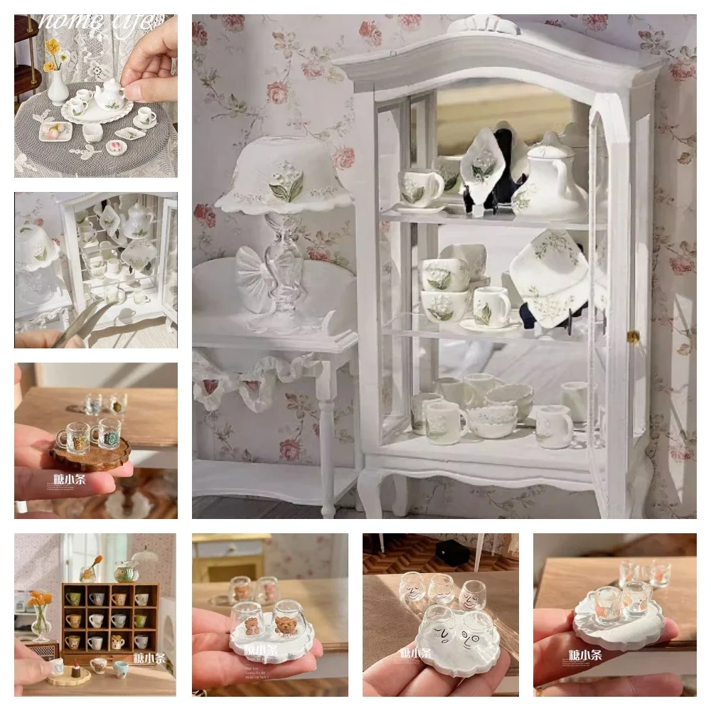 Doll House12pionts Mini Kitchen Lily of The Valley Tea Set Miniature Food Play OB11 Cup Cartoon Bear Little Girl Water Cup Model