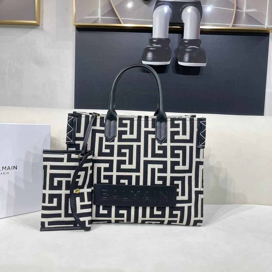 Borsa Tote In Jacquard E Pelle Con Monogramma Balmain B-Army