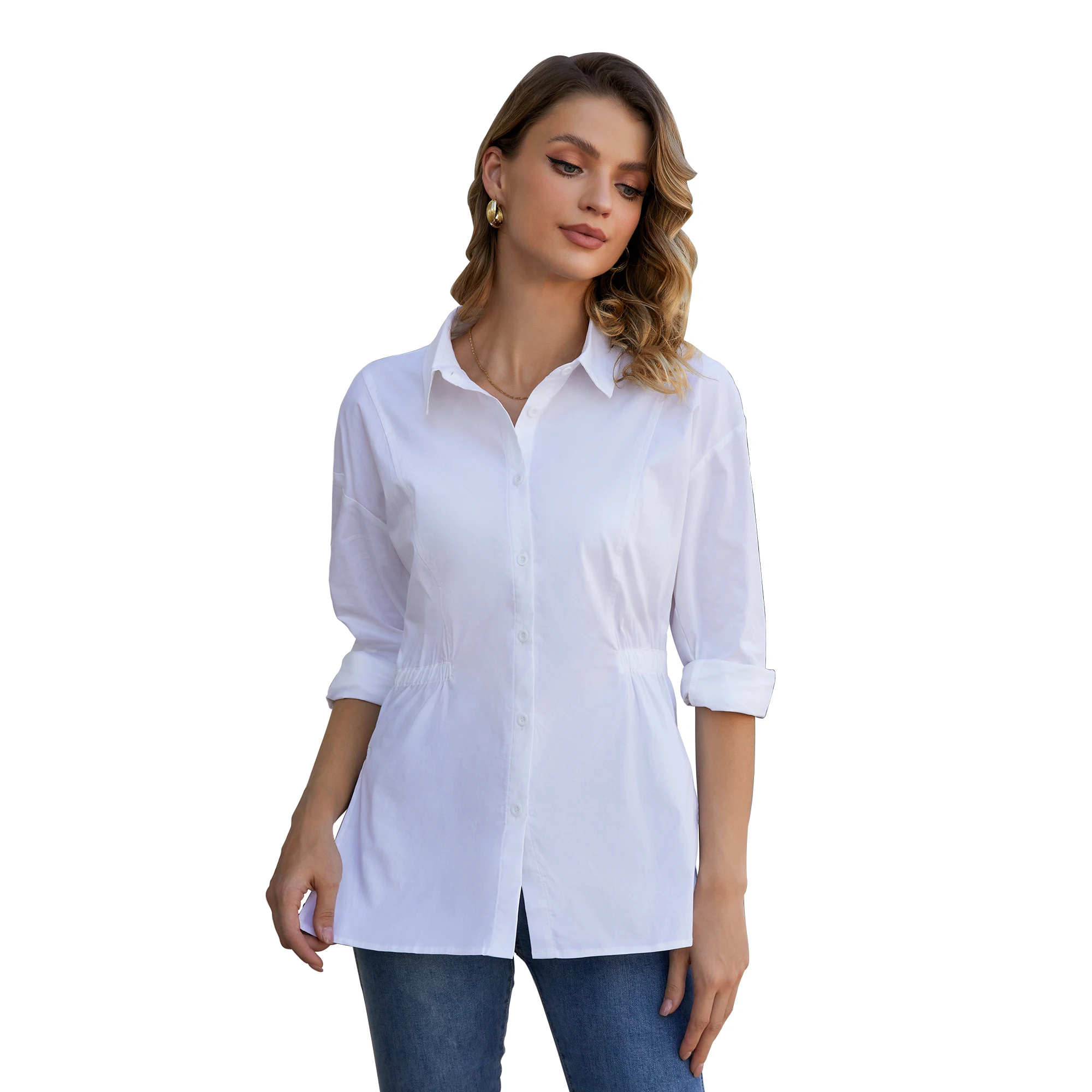 

SPRING SEAON Women's Striped Button Down Shirts with Pocket 3/4 Sleeve Crop Tops Drawstring Waist Collared Shirt Casual Blouses