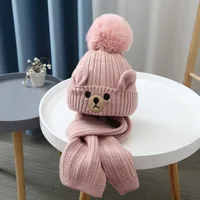 All-match Plush Bear Children Scarf Hat Set Cartoon Warm Wool Beanie Neck Warmer Knitting Warm Knitted Cap Cloth Accessories
