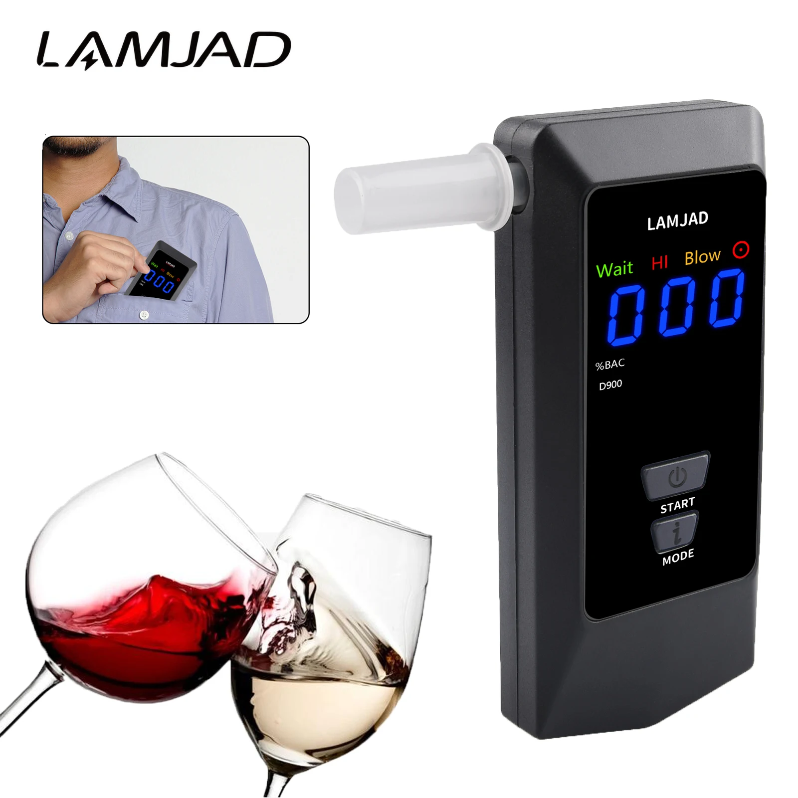 

LAMJAD Breathalyzer LCD Display Digital Car Portable Blood Breath Alcohol Test Police Accurate Mouthpiece Alcohol Breathalyzers