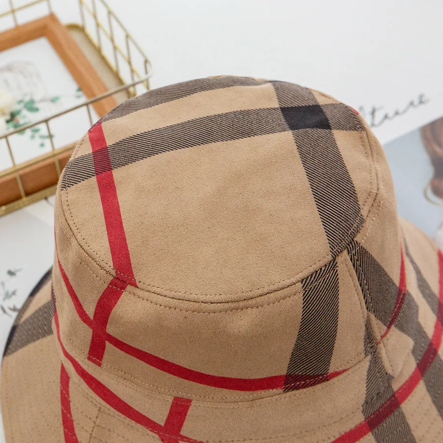 Women Sun Hat Fishing Sun Hat Plaid Colourful Fisherman's Hat Women Korean Suede Basin Hat Casual Foldable Warm Fashionable Soft 56-58cm