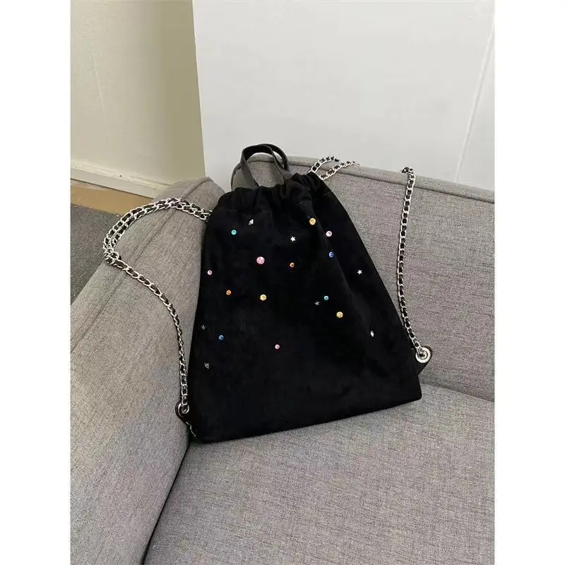 JIAERDI Y2k Vintage Drawstring Backpack Women Hot Girls Beading Chic Backpacks Casual Backpacks Ladies Harajuku Schoolbag Y2k