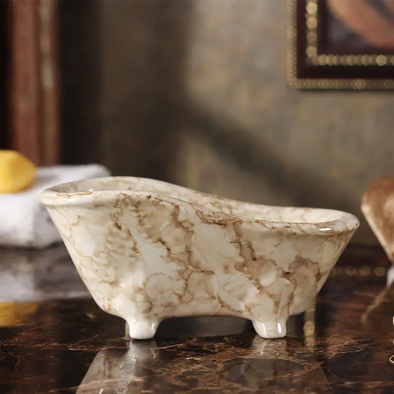 Creative Ceramic Draining Soap Box, Light luxury, marble pattern Soap Dishes, Hotel Bathroom Kitchen Supplies, Storage Rack, 1Pc
