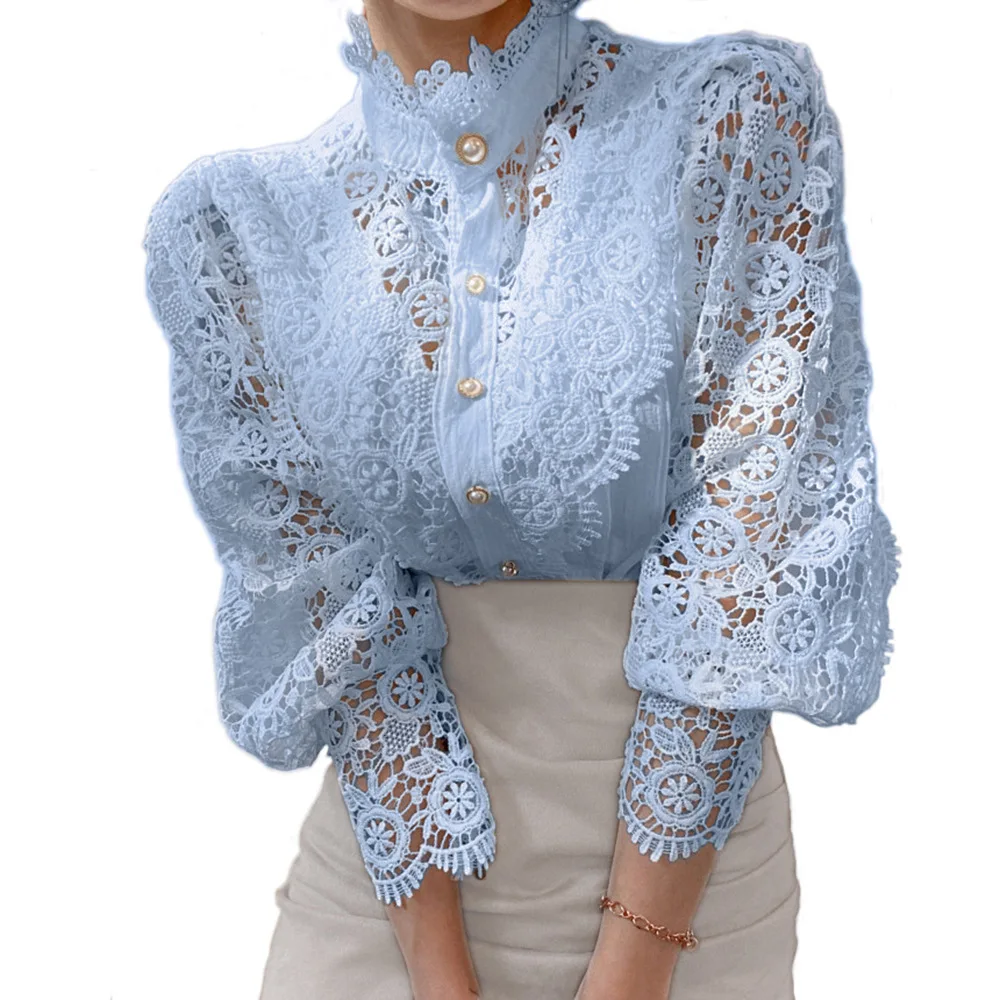 

Hollow-out Lace Shirt with Pearl Buttons on the T-shirt, Korean Version of Temperament, Stand Collar, Solid Color