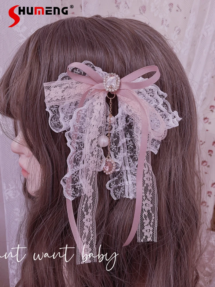 

Original Lolita Mine Mass-Produced Headdress Cute Rhinestones Heart Hairpin 2023 New Sweet Lace Bow Love Side Clip Hairpin Woman