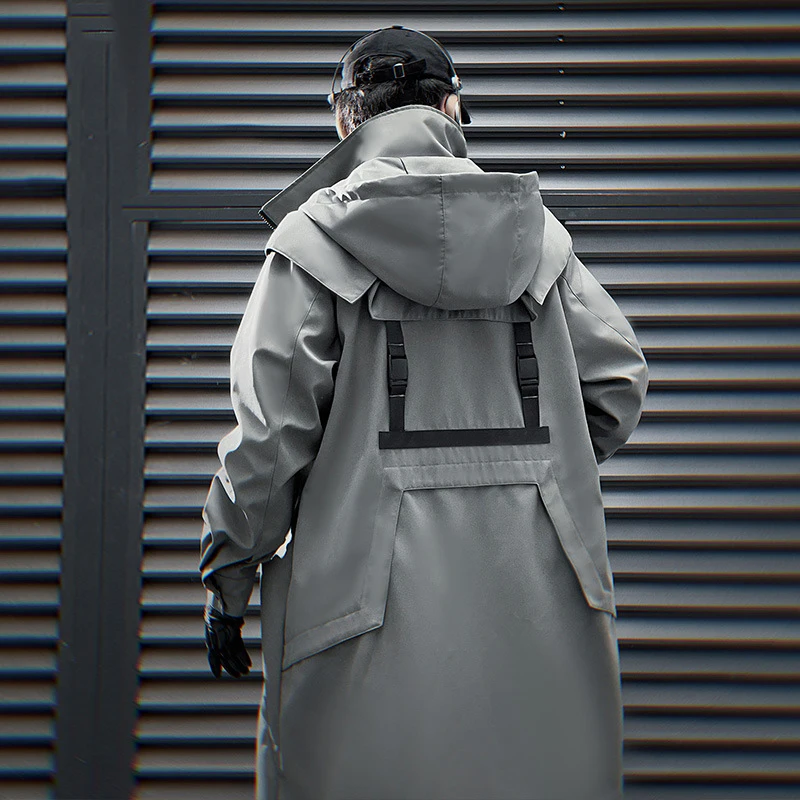 PFNW Functional Style Double Zipper Black Grey Windbreaker Men Heavy Industry Autumn Loose Casual Hooded Trench