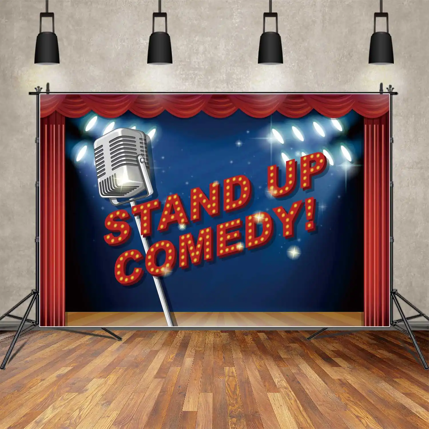 Moon.Qg Fondale Comedy Direct Broadcasting Room Teletorium Tv Video Wall Background Kids Red Curtain Home Studio Photo Booth