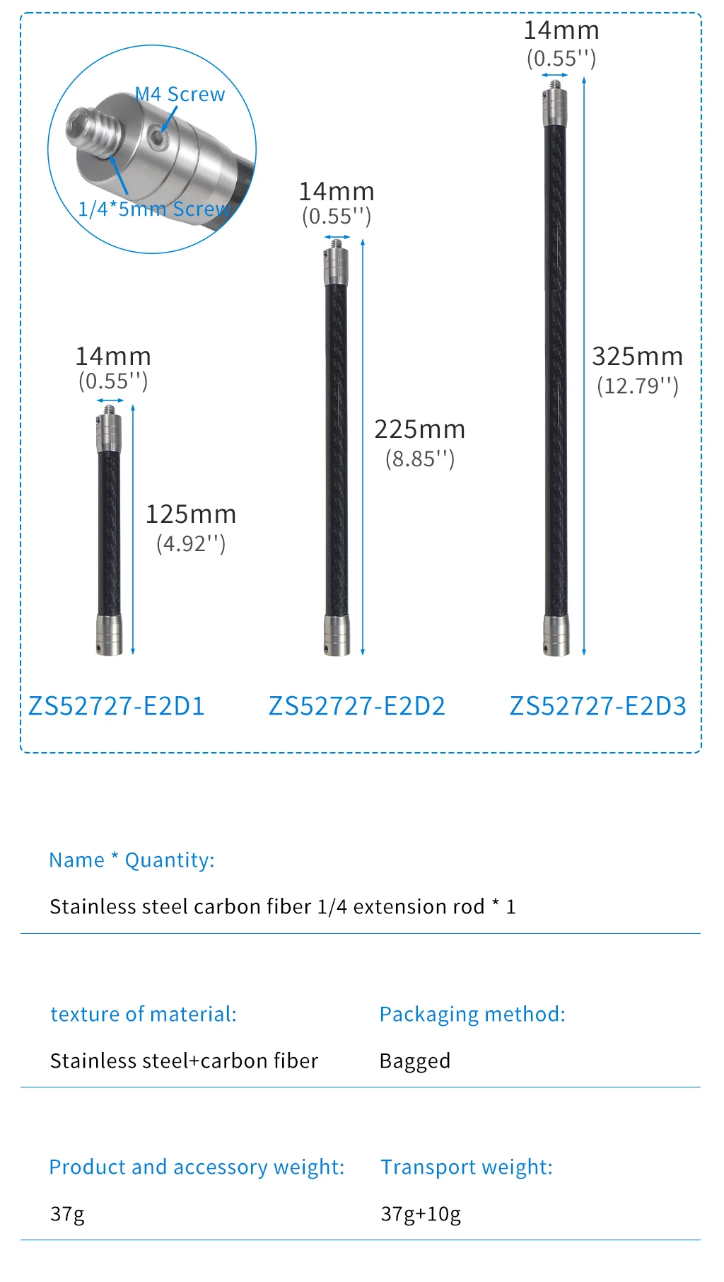 Carbon Fiber Extend Pole 1/4 Selfie Stick 12mm Invisible Rod for Gopro DJI OSMO