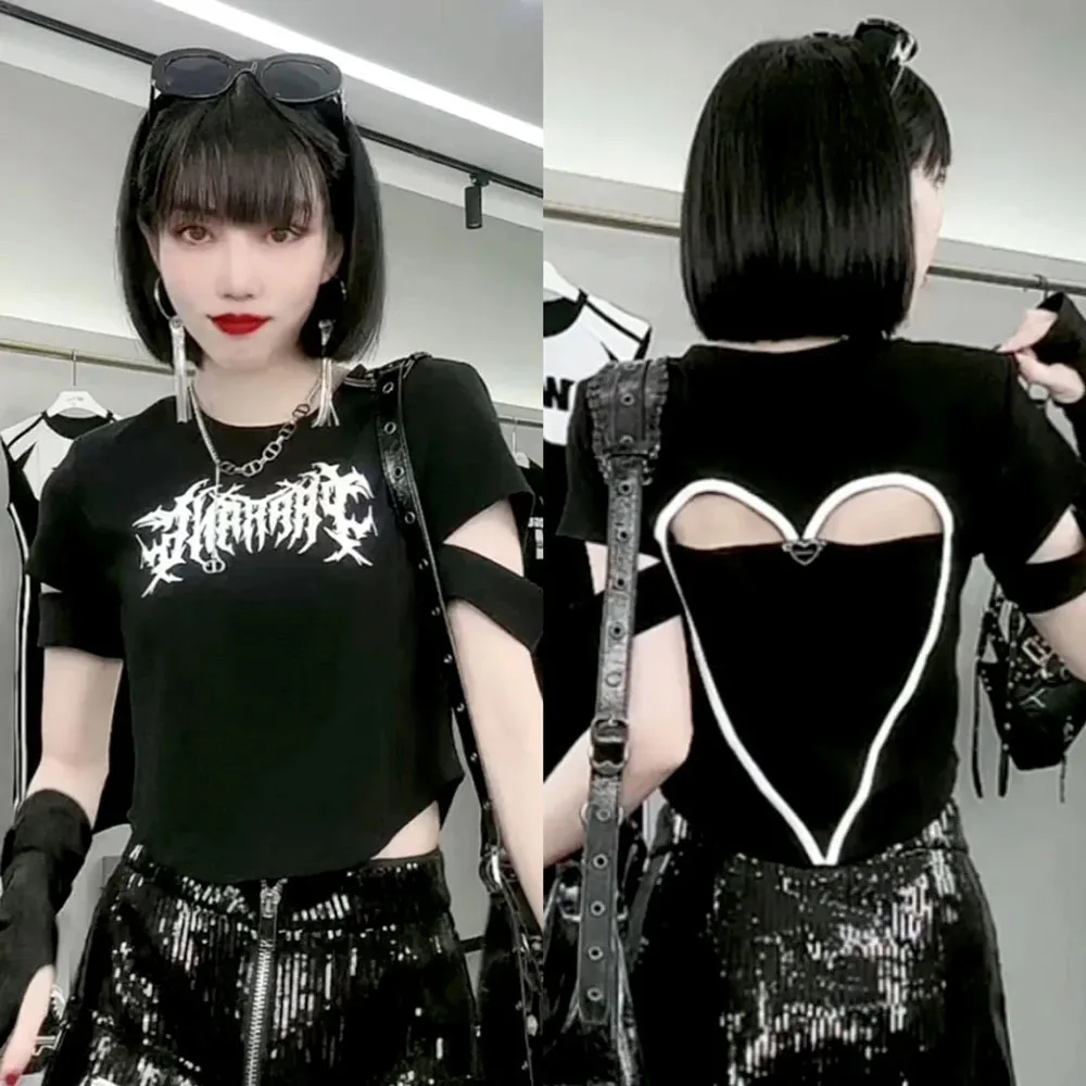 

Goth O-neck Short Sleeve T-Shirts Y2K Vintage Aesthetic Sexy Back Hollow Out Letter Print Black Crop Tops Women Summer Slim Tees