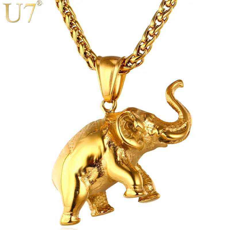 

U7 Stainless Steel Gold Color Trendy Elephant Charm Pendant Necklace for Man Thick Chain Animal Lucky Jewelry Gift P755