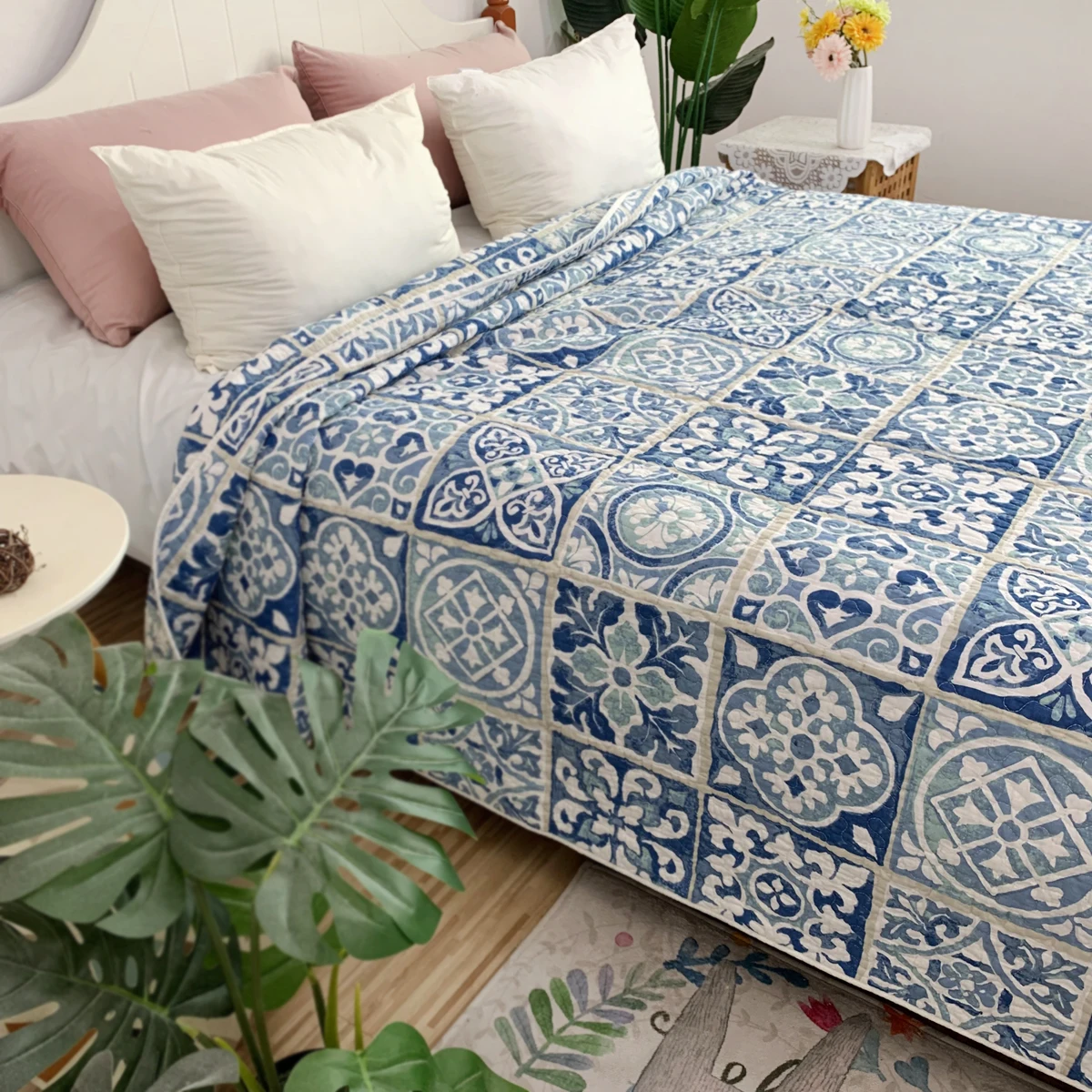 

Cotton Bedspread Quilted Bed Cover Pastoral Style Coverlet Non Slip Sheet Blanket Quilt Warm Printied Bedding 230x250cm Size
