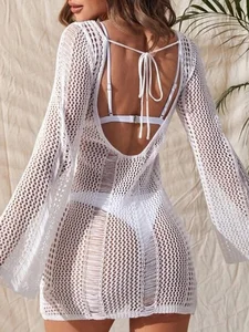 Women Beach Cover Ups Knitted Crochet Cover up Backless Mini Dress for Bikini Swimsuit Bathing Suit Summer Clothes