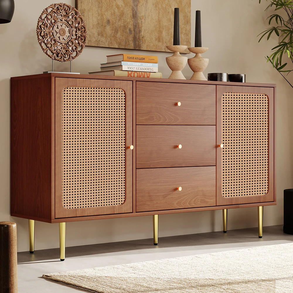 KOMHTOM Kommode mit 2 Türen und 3 Schubladen, Rattan-Türkommode mit Schubkasten, Nussbaum – Detail 2