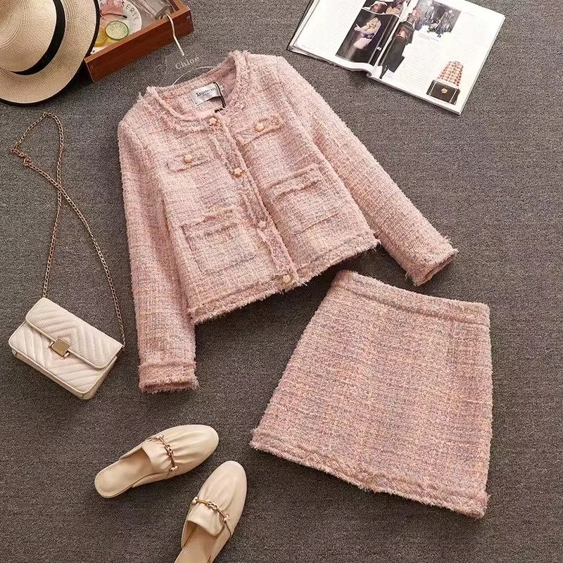 

Женский элегантный твидовый очаровательный розовый костюм Y2K, куртка, топ и юбка, комплект из двух предметов, зимняя жаккардовая женская одежда