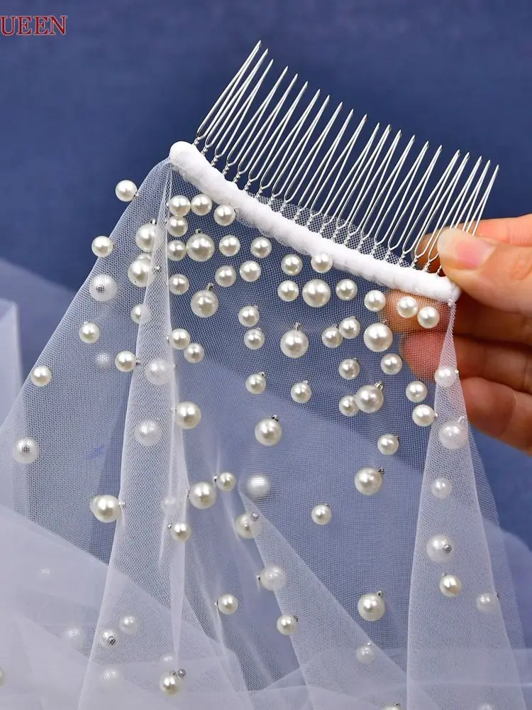 Bridal Veil Elegant Pearls 1 Tier Beaded Wedding Veil For Bride Simple Cathedral Length With Comb v180