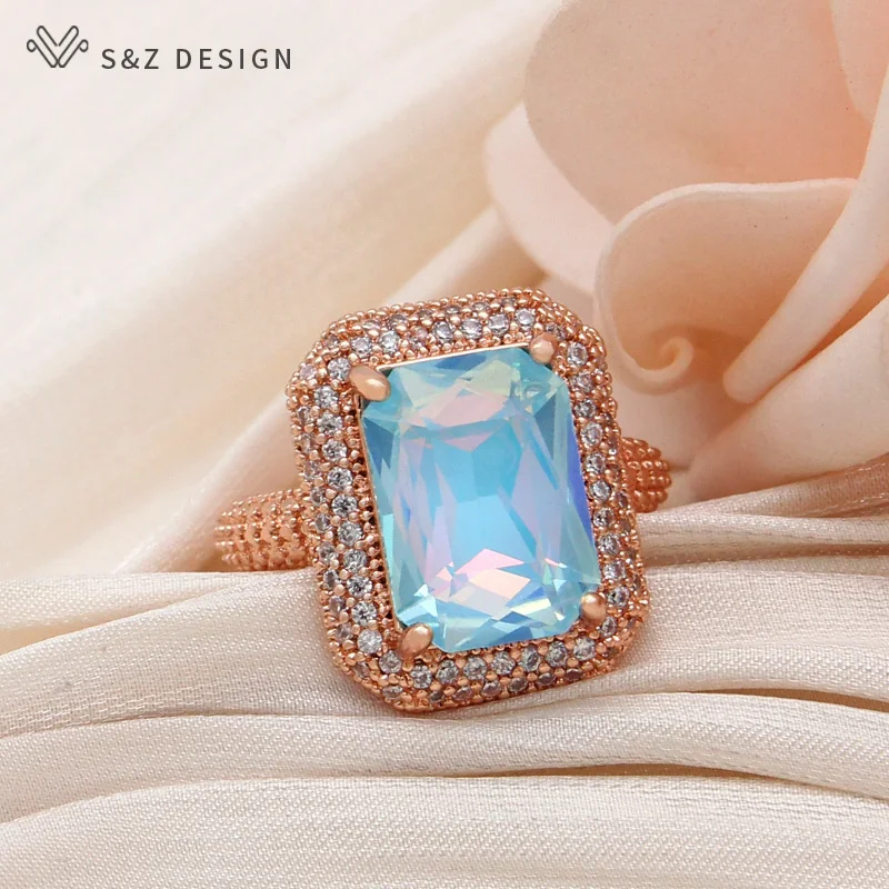 S&Z DESIGN New Fashion Adjustable Rectangle Crystal Rings For Women Wedding Luxury Micro Cubic Zirconia Jewelry Fine Gift