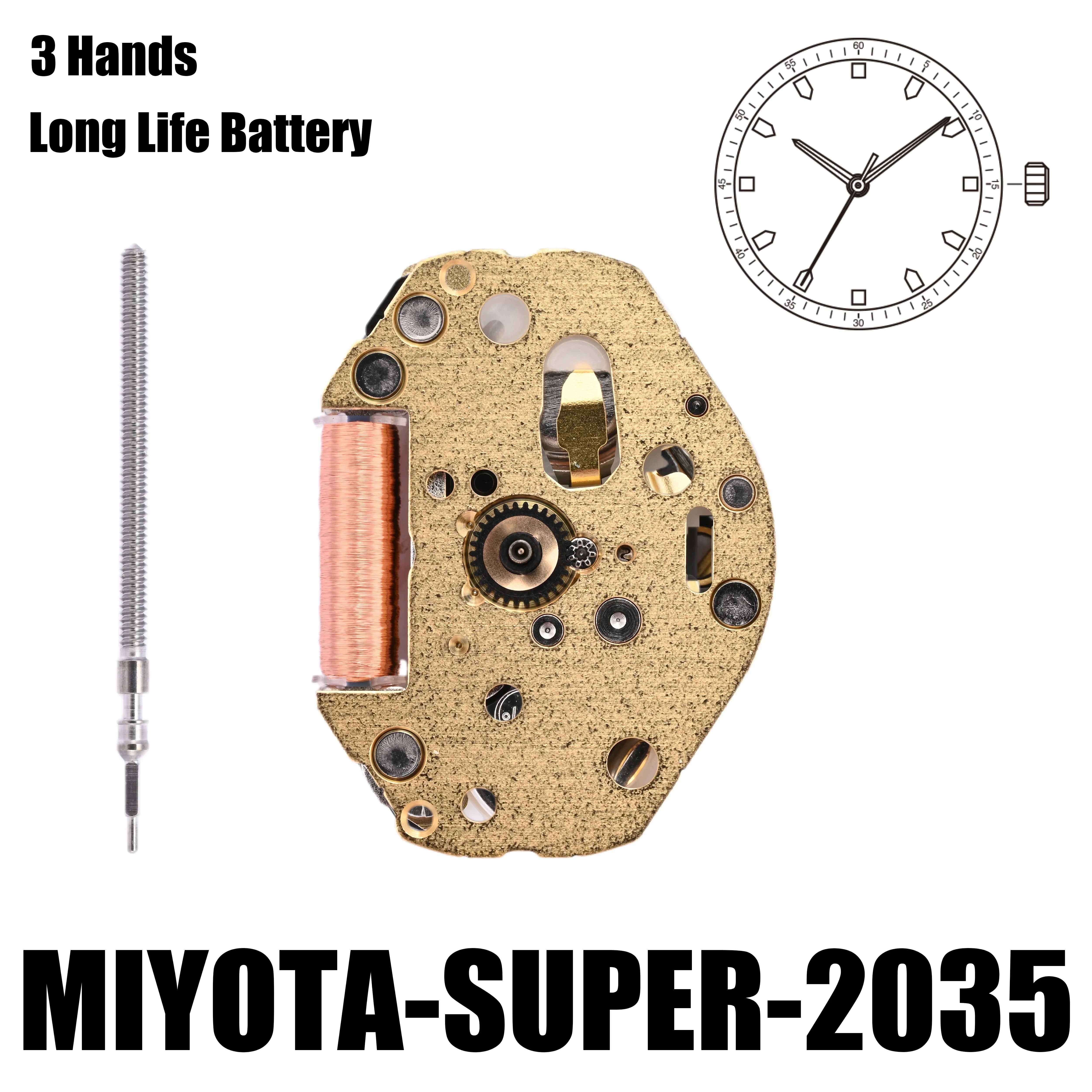 2035 Movement Miyota Super Gilt 3 Hands Size:6 3/4&times;8'''Heigh:3.15mm-YOUR ENGINE-Metal Made In Japan mechanical watch movement watch movement