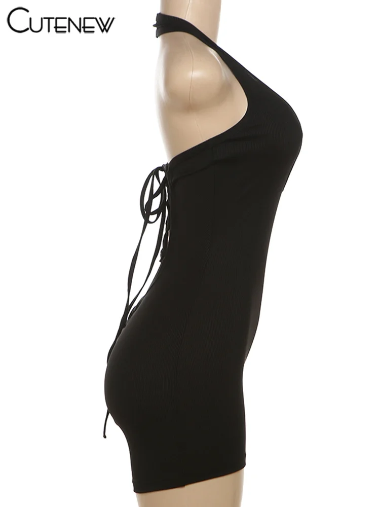 Halter Solid Playsuits Women Hipster Simple Drawstring Backless Bandage Skinny Overalls Female Classic Basic Sporty Wear