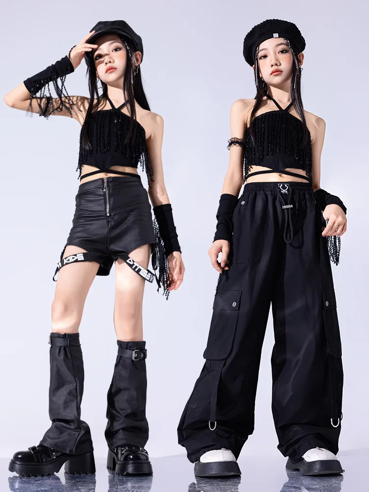 Hip Hop Kids Dancing Costume for Girls Child Party Show Black Leather Shorts T Shirts Pants JK Skirt Jazz Ballroom Dance Clothes